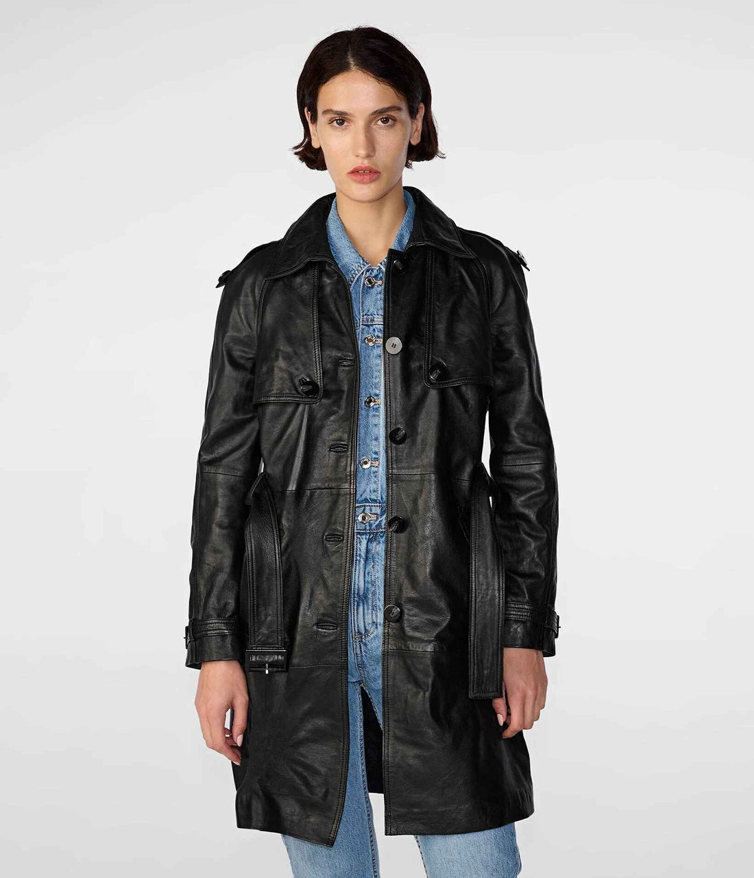 Women's Black Mary Long Single Breasted Leather Trench Coat