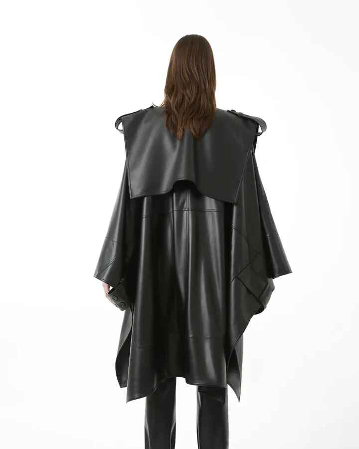 Women's Black Oversized Cape Leather Trench Coat