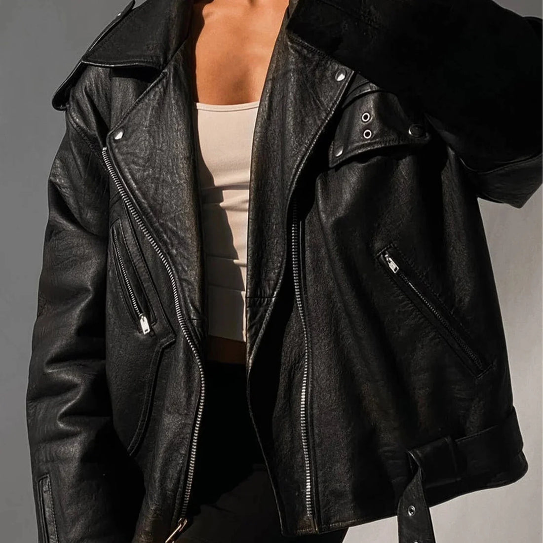 Women's Black Oversized Genuine Sheep Skin Leather Jacket