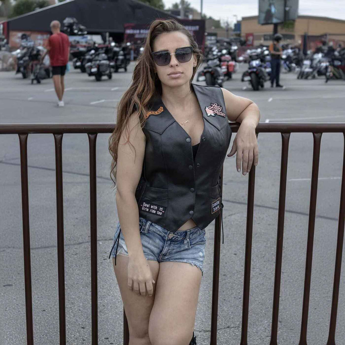 Women's Black Patched Embroidered Vests With Side Laces Leather Vest