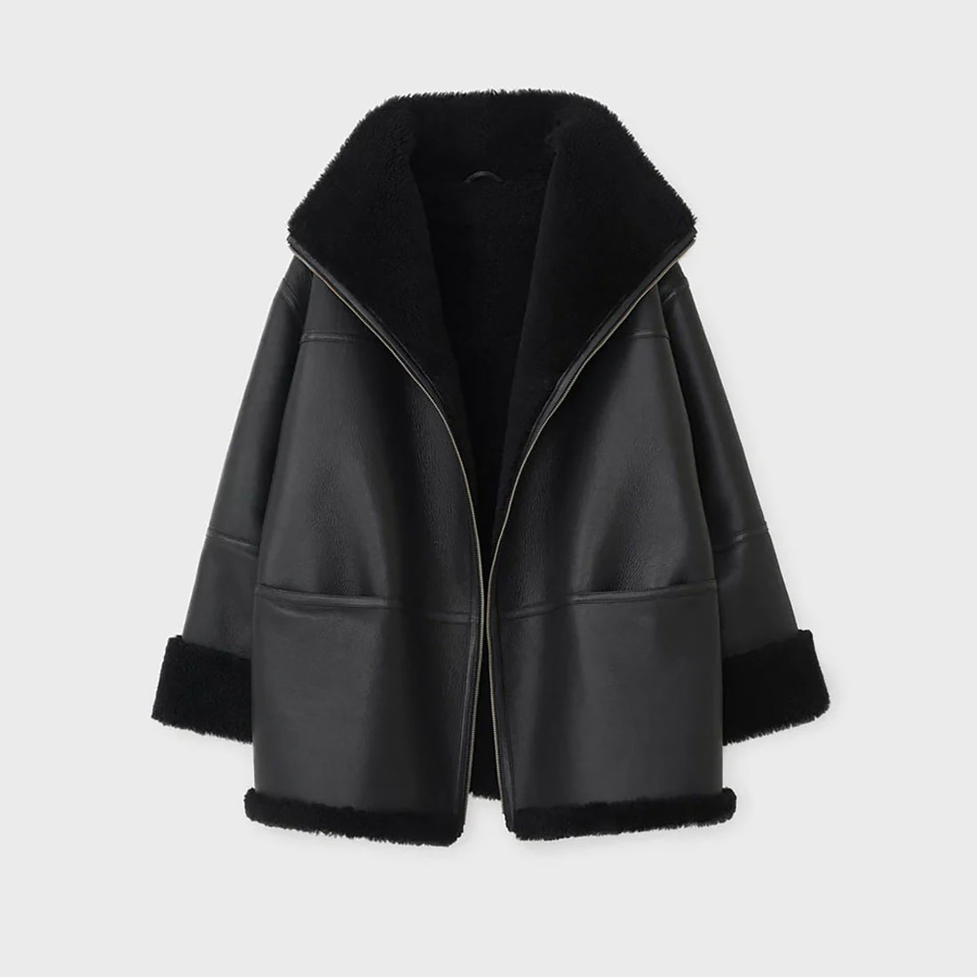 Women's Black Shearling Leather Coat - Genuine Lambskin Winter Jacket