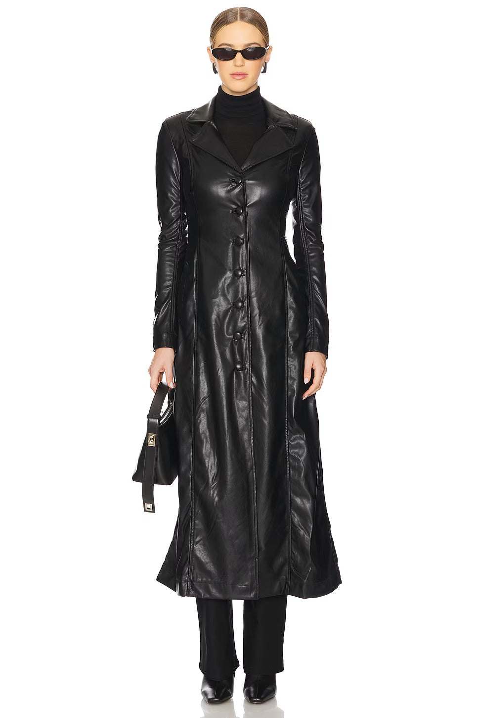 Women's Black Slim Faux Leather Trench Coat