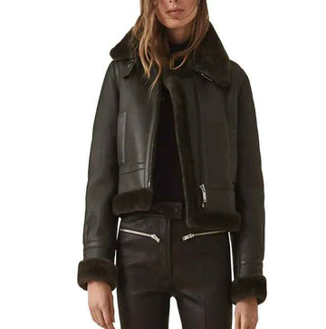 Schwarze Lammfell-Lederjacke mit Riemenkragen für Damen