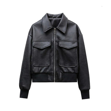 Women's Black Tailored Fit Faux Leather Bomber Jacket