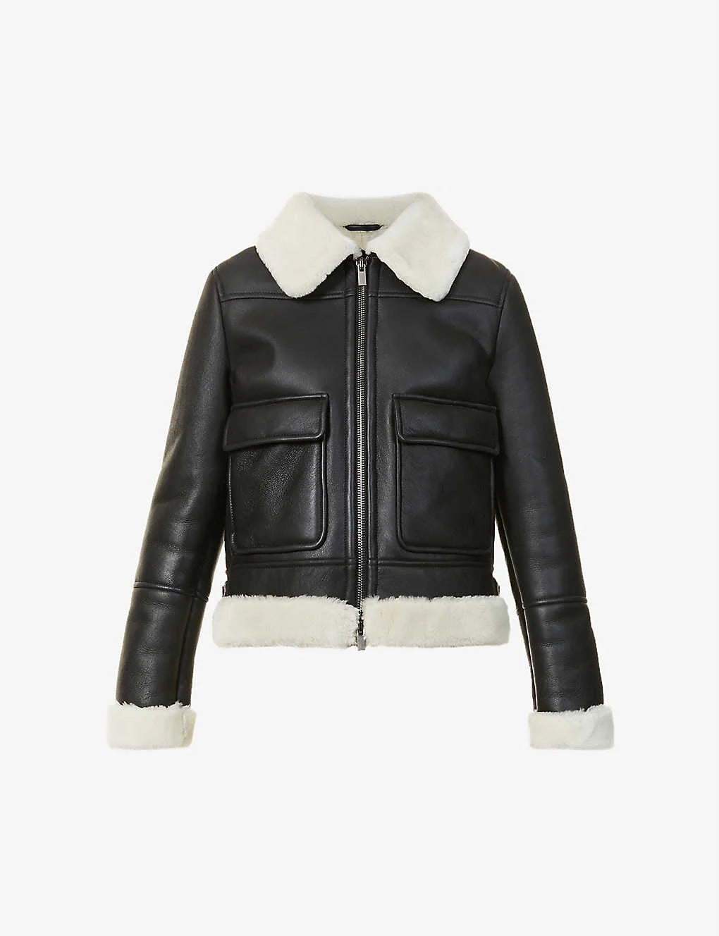 Schwarze Damen-Lederjacke mit Shearling und zwei Taschen