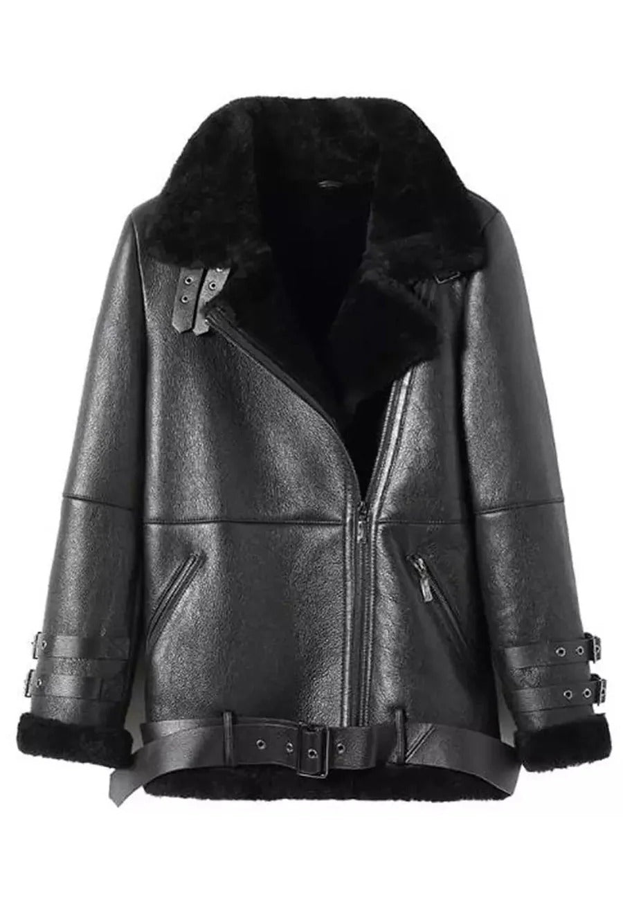 Women’s Black Two Pockets Leather Shearling Long Fur Coat
