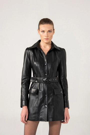 Women’s Black Two Pockets Sheepskin Leather Trench Coat