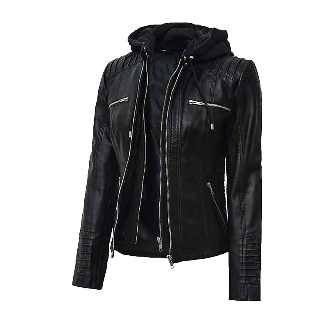 Women's Black & Brown Hooded Leather Jacket