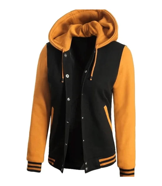 Chaqueta bomber universitaria con capucha negra y amarilla para mujer - Estilo béisbol