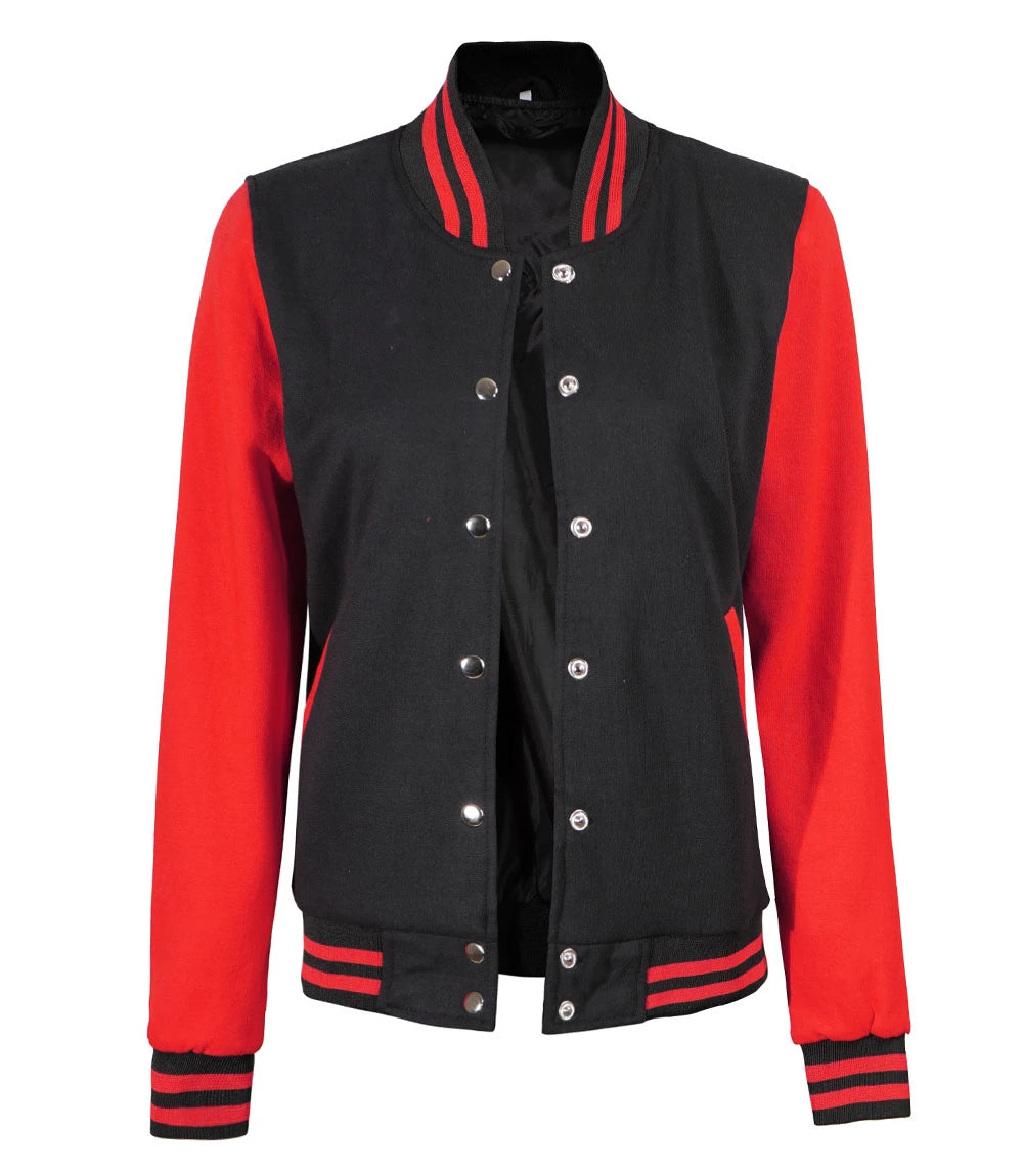 Chaqueta universitaria negra y roja para mujer - Estilo béisbol