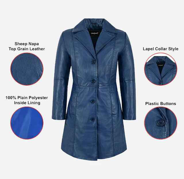 Women's Blue ELEGANT Leather Trench Coat