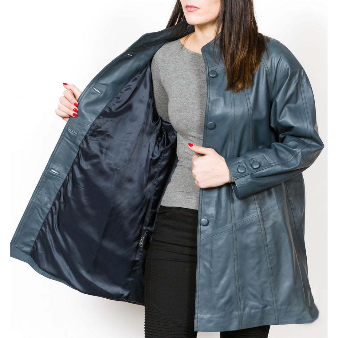 Women's Blue Loose Fit Leather Swing Coat