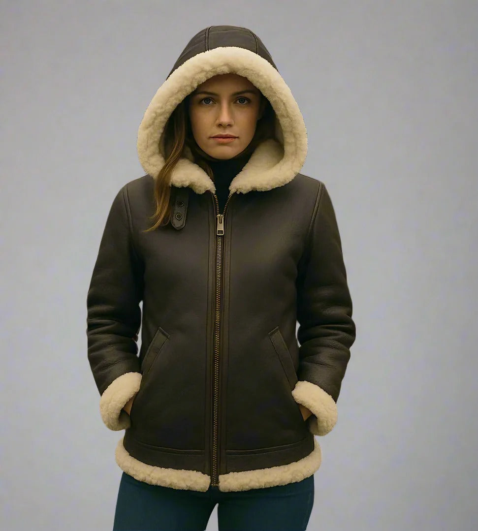 Women's Brown B3 Hooded Shearling Leather Jacket