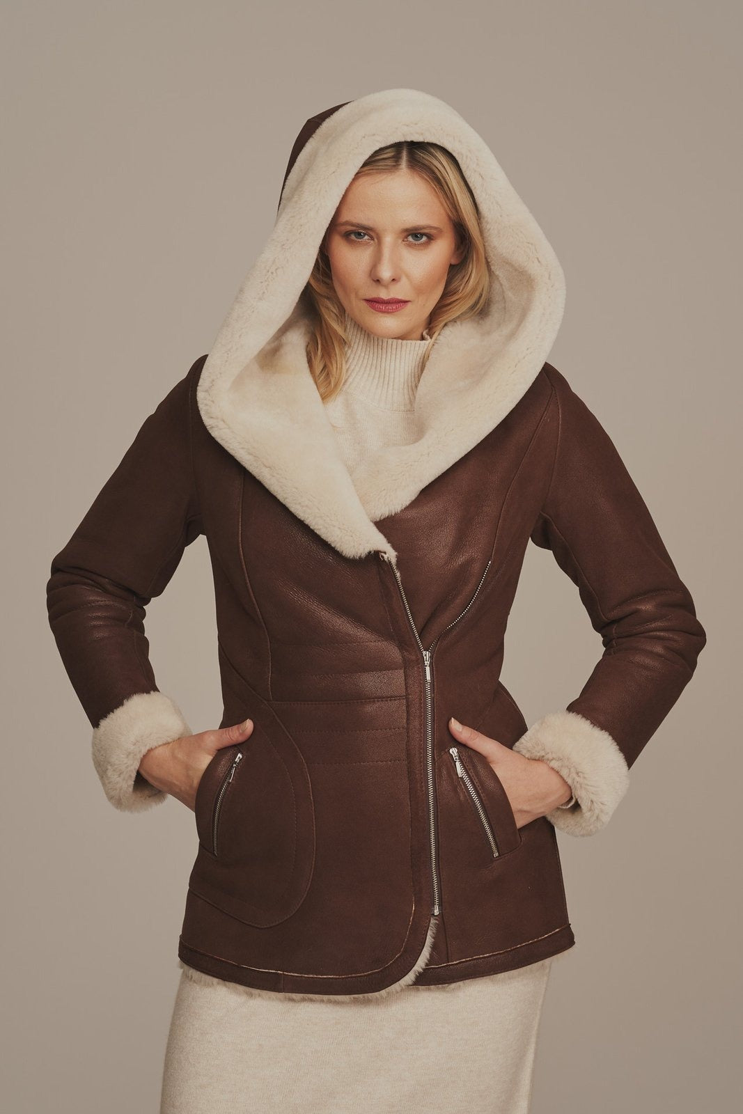 Women's Brown Big Collar Lambskin Shearling Leather jacket