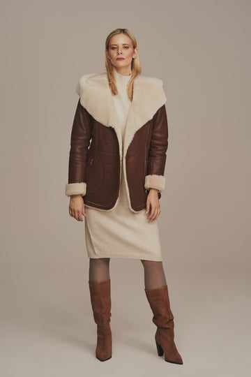 Women's Brown Big Collar Lambskin Shearling Leather jacket