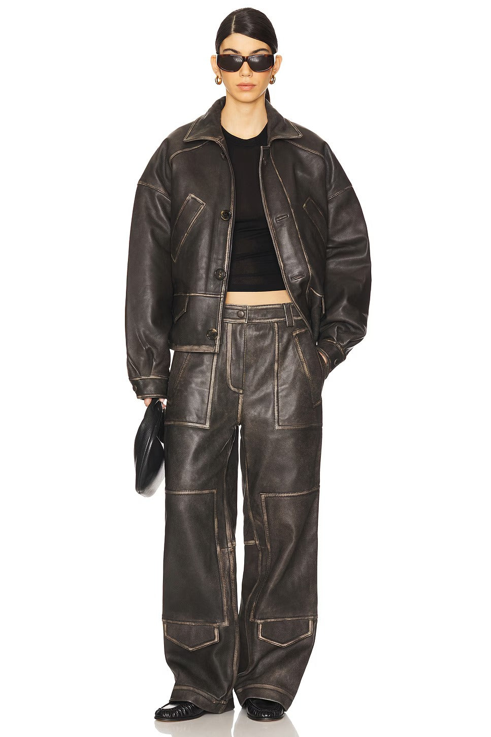 Braune Damen-Lederjacke mit Knopfverschluss