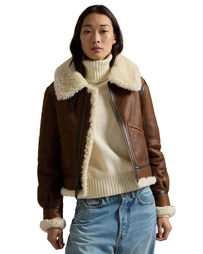 Women's Brown Double Belted  Leather Shearling  jacket