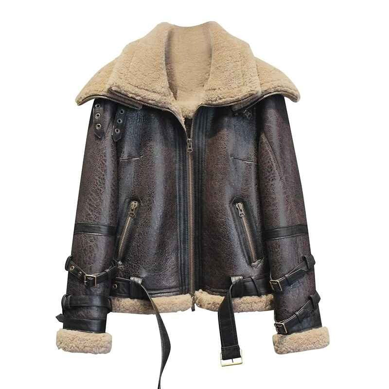 Women's Brown Double Collar Leather Shearling Jacket