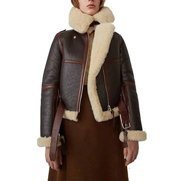 Women's Brown Fur Shearling Short Leather Jacket