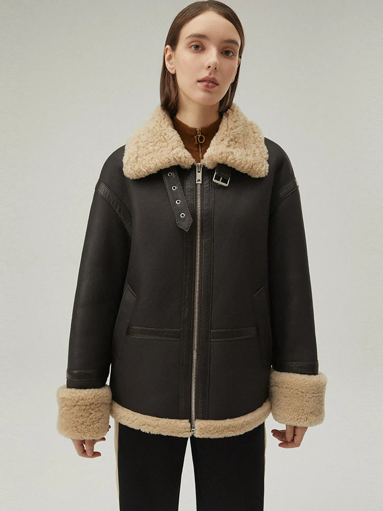 Women's Brown Fur & Shearling Short Leather Coat