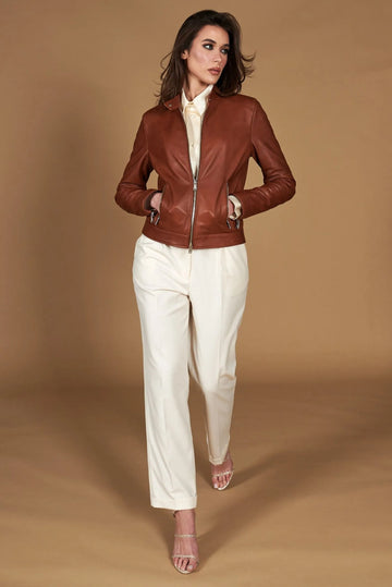 Women's Brown Leather Biker Jacket