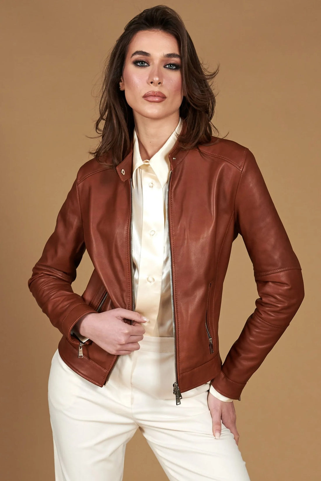 Women's Brown Leather Biker Jacket