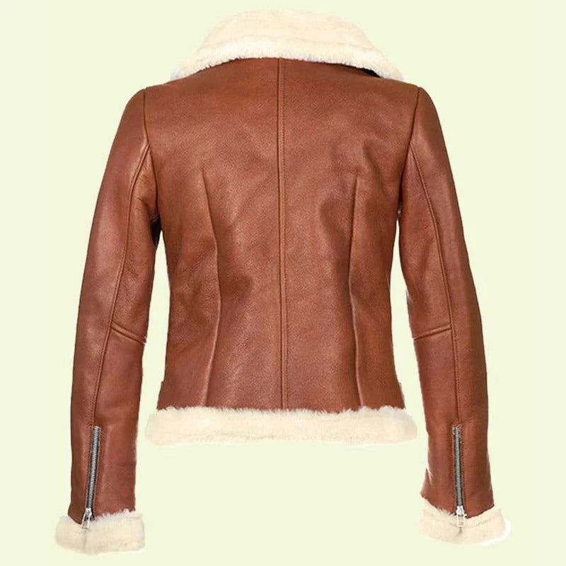 Chaqueta de piel de oveja marrón con cremallera para mujer