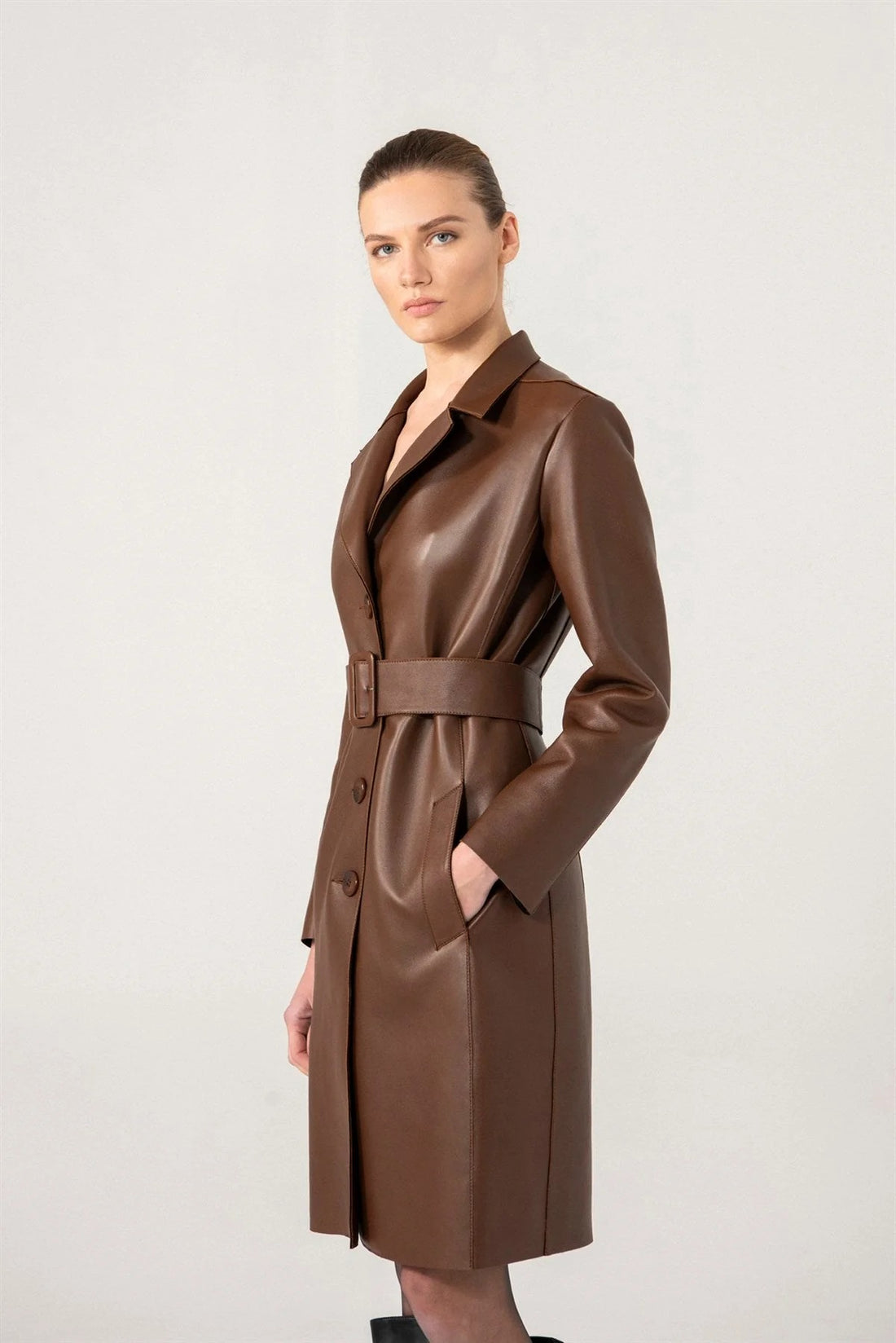 Women’s Chocolate One Inner Pocket Brown Sheepskin Leather Trench Coat