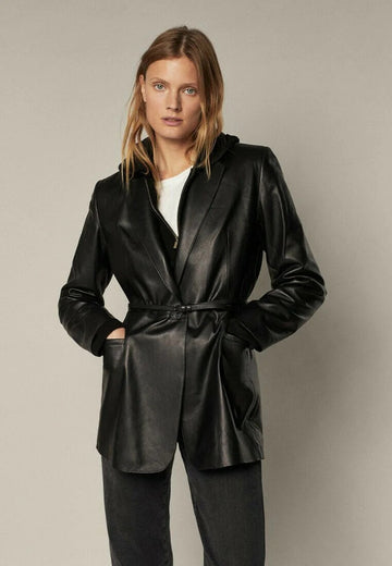 Women’s Classic Black Oversized Fit Leather Short Trench Coat