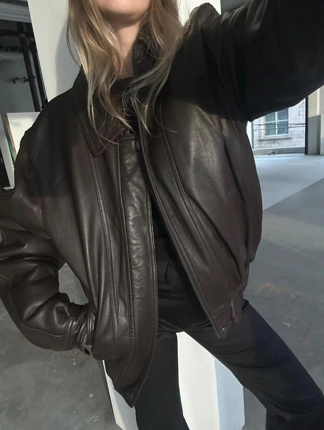 Women's Classic Retro Black Adjustable Fit Oversized Genuine Leather Jacket