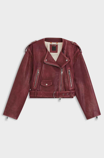 Kragenlose, kurze Bikerjacke aus genarbtem Leder für Damen
