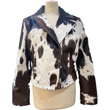 Women's Cowhide Leather Jacket Black and White