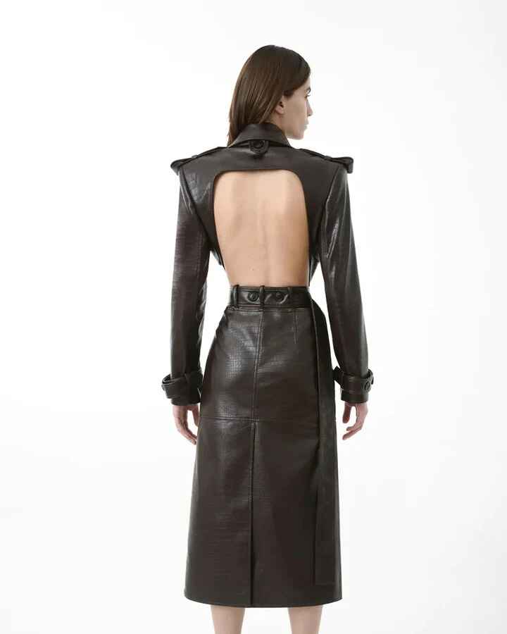 Women's Crocodile Leather Open Back Leather Trench Coat