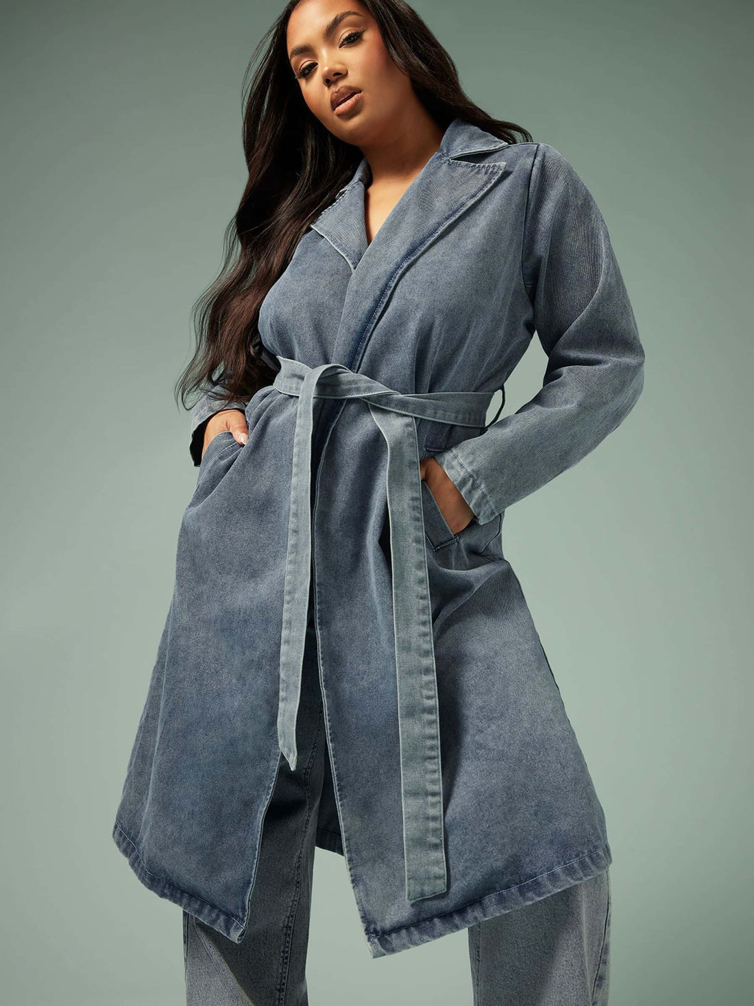 Women's Curve Blue Longline Denim Trench Coat