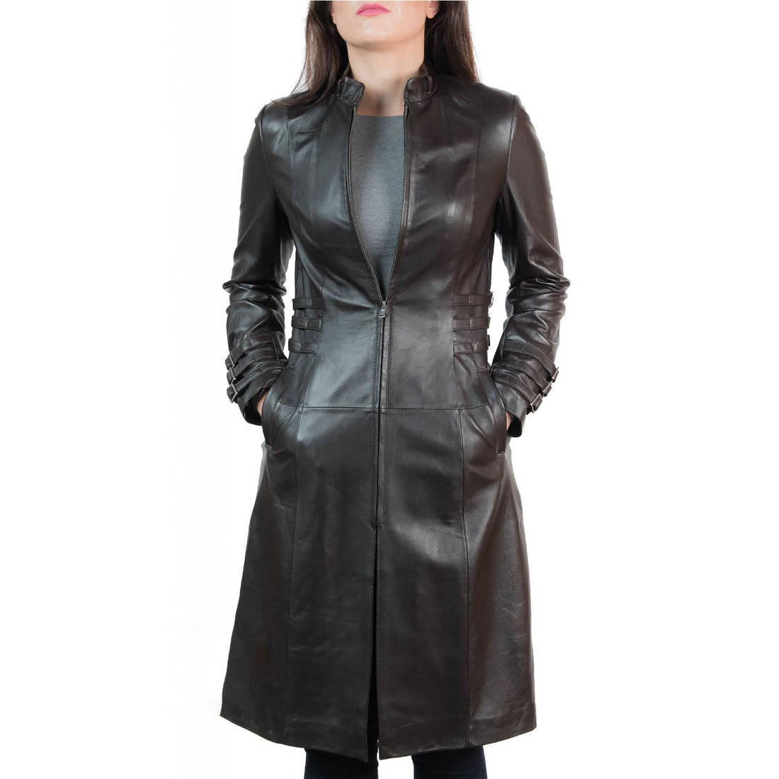 Women's Dark Brown 7/8th length Leather Trench Coat