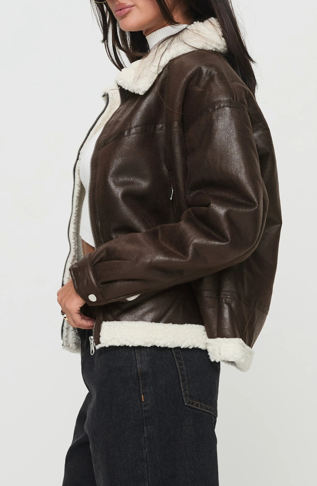 Women's Dark Brown Solara Faux Shearling Leather Jacket