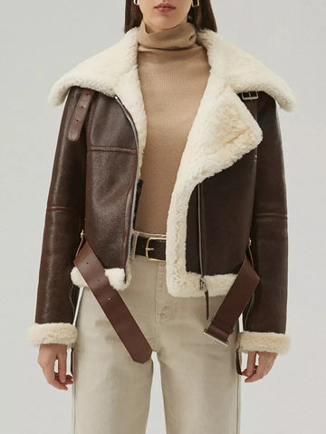 Women’s Dark Brown Zipped Shearling Leather Jacket