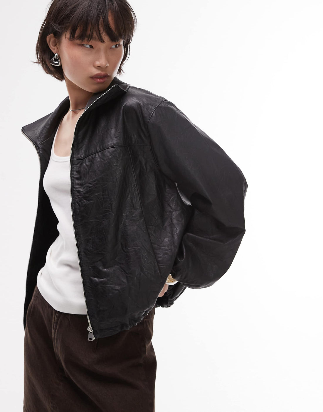 Women's Elasticated Cuffs and Hem Bomber Soft Leather Jacket