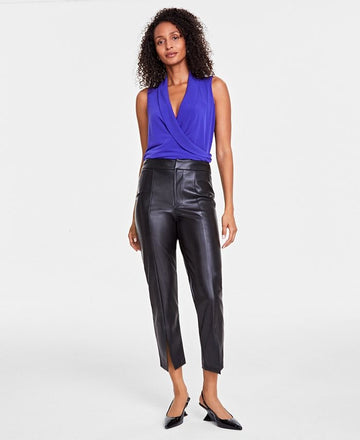 Women's Faux Leather Front Slit Straight Pants
