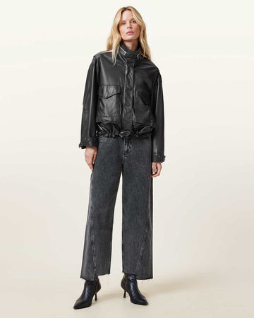 Women's Funnel Neck Cropped Leather Jacket