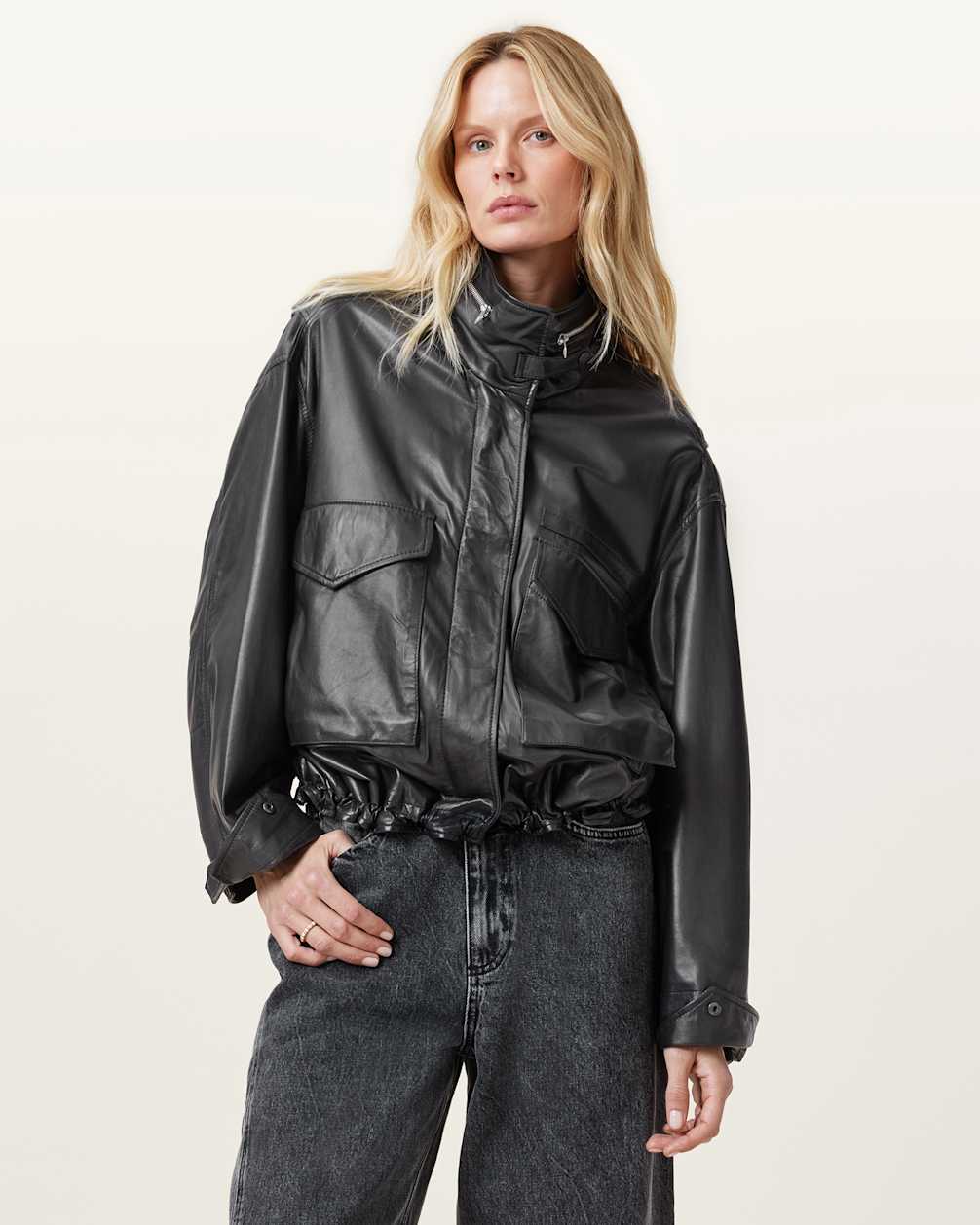 Women's Funnel Neck Cropped Leather Jacket