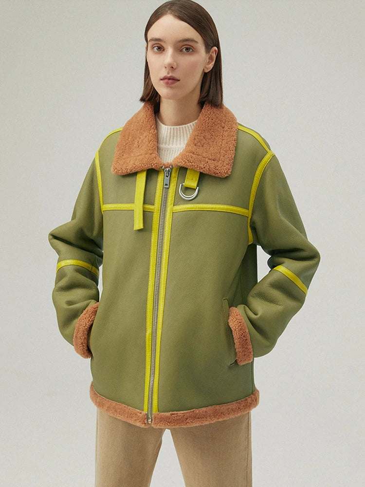 Women's Green Fur & Shearling Short Oversize Leather Coat