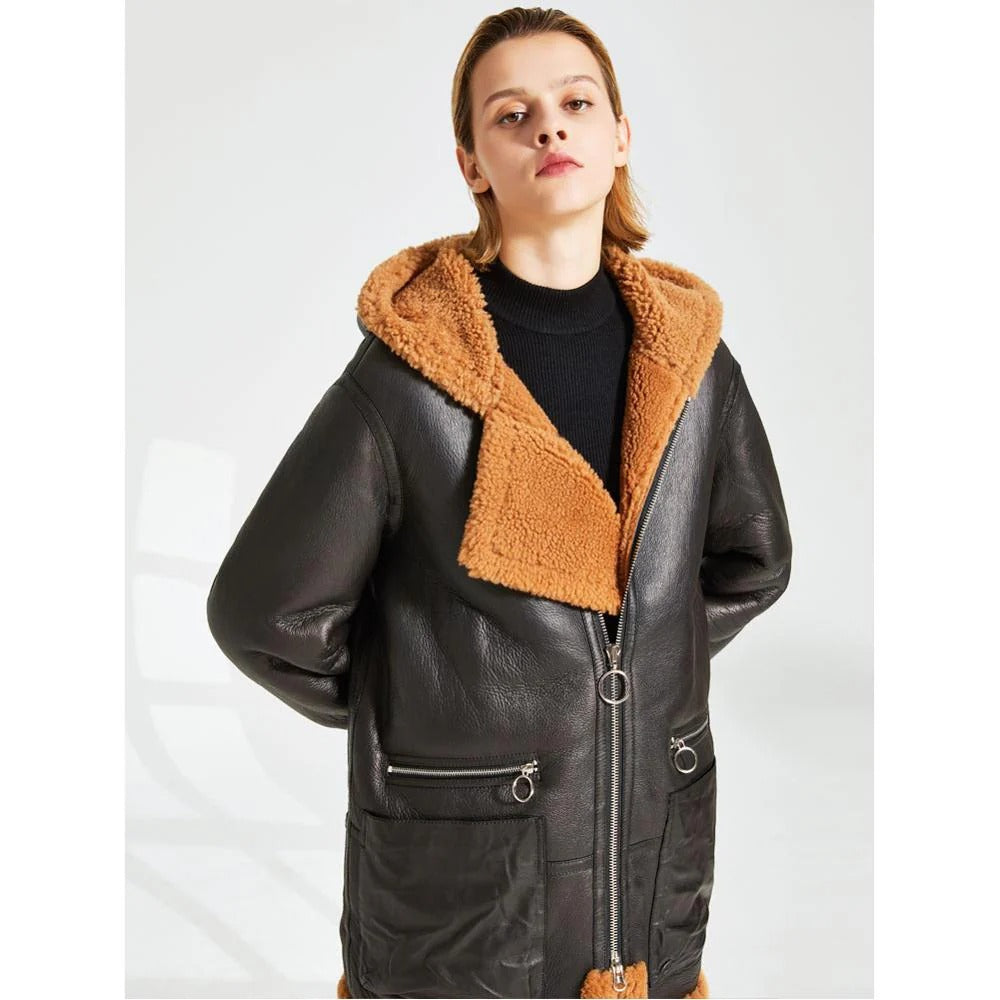 Women's Hooded Faux Fur & Shearling Sheepskin Leather Coat