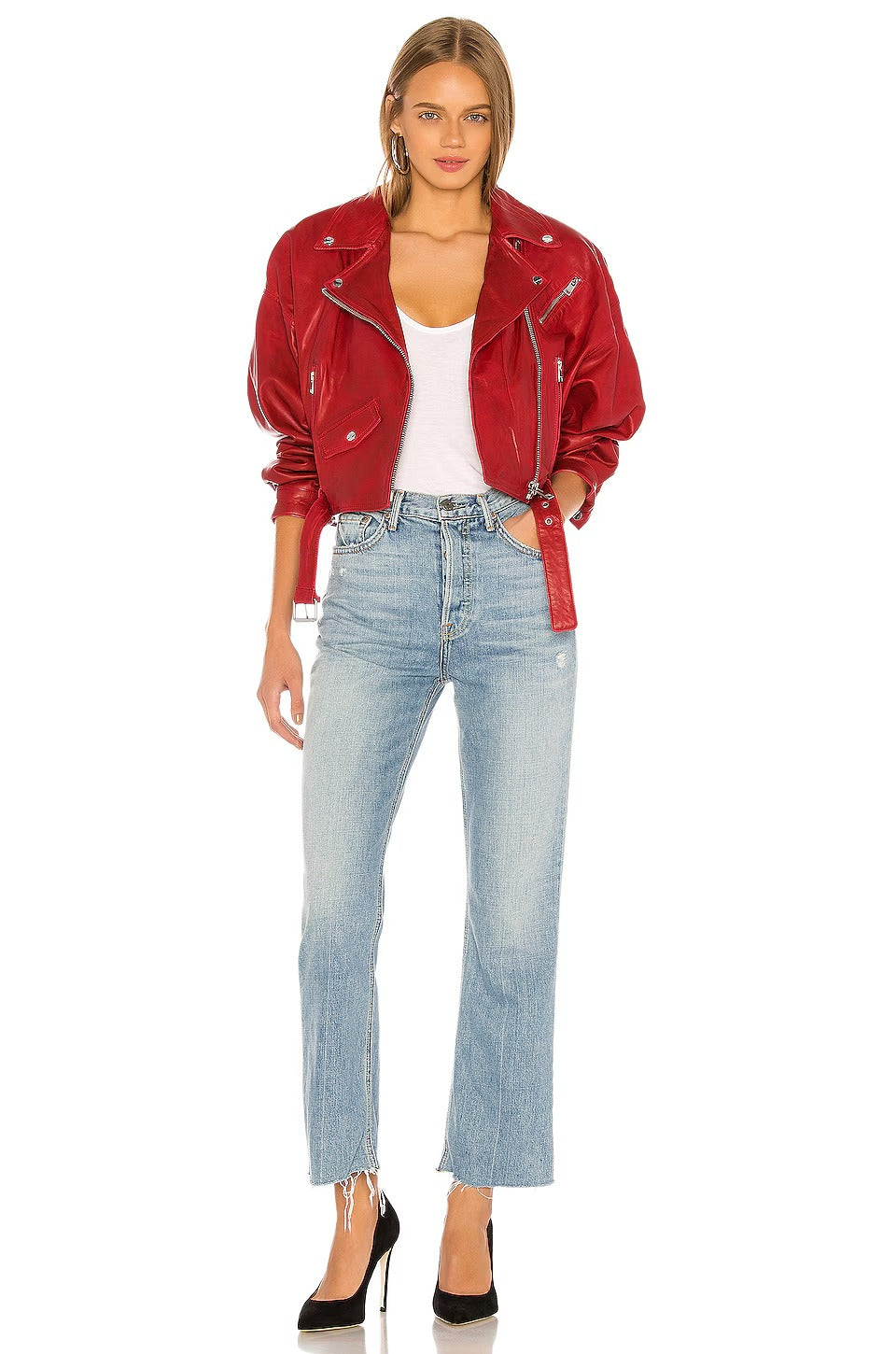 Women's Imported Leather Biker Jacket - Red