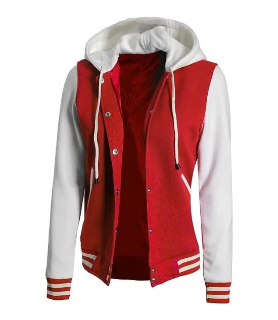 Chaqueta universitaria roja y blanca con capucha para mujer
