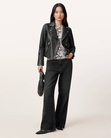 Langärmlige Slim Fit-Bikerjacke aus Leder für Damen
