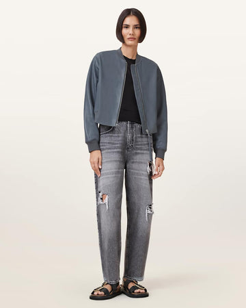 Langärmlige Bomber-Lederjacke für Damen