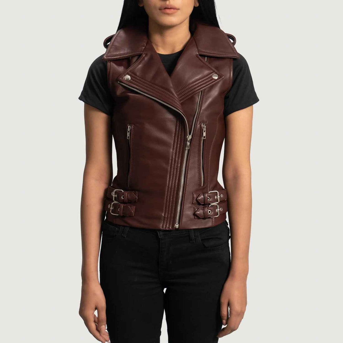 Chaqueta de cuero estilo biker Rhonda para mujer en color granate