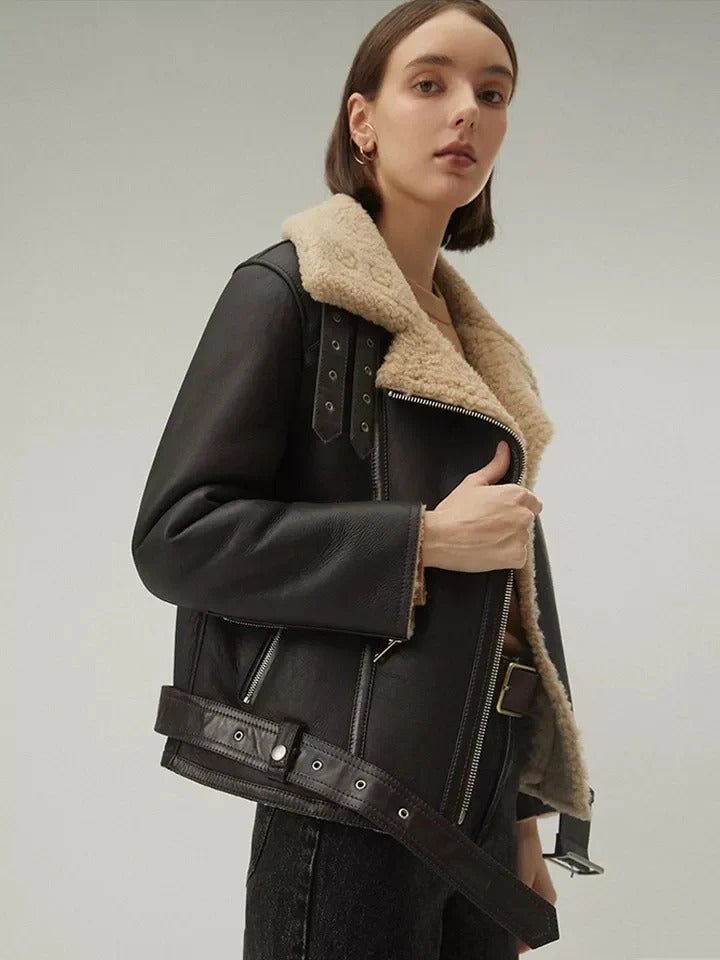 Women’s Matte Black Collared Shearling Leather Jacket