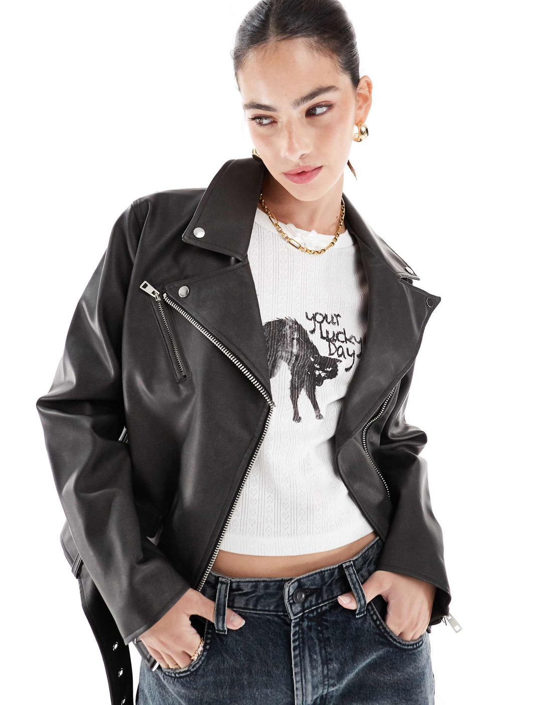Women's Notch Collar faux leather biker jacket